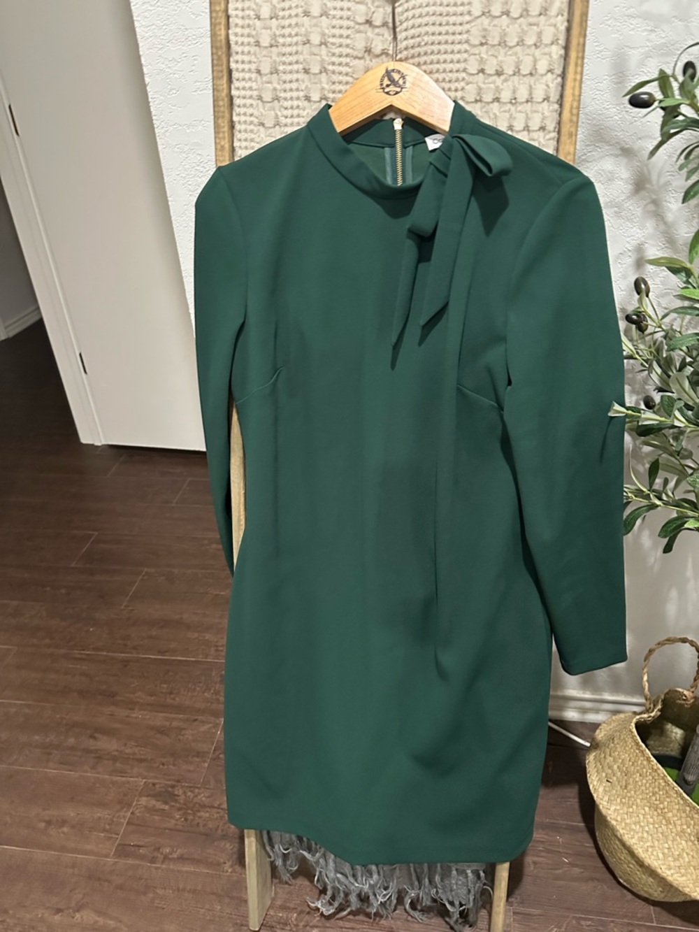 Calvin Klein Deep Green Long Sleeve Tie-Neck Dress